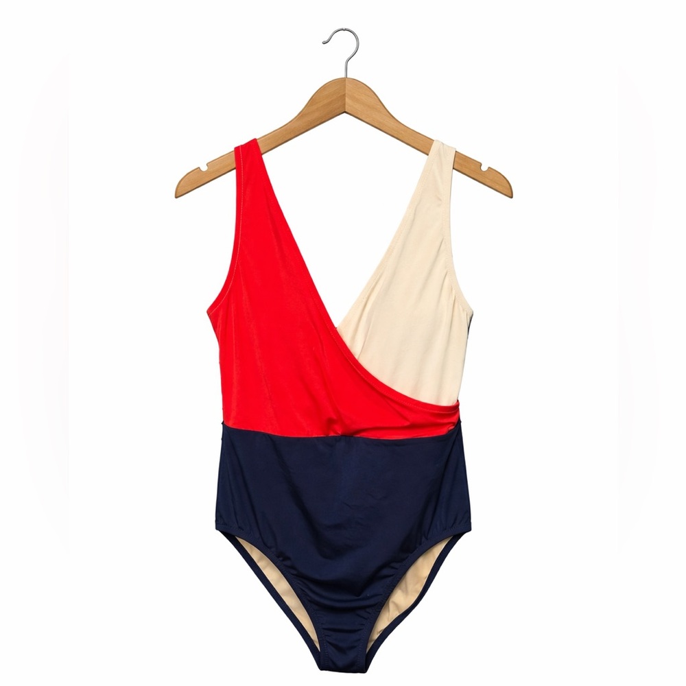 J.Crew Factory Colorblock One Piece Swimsuit Red Navy Ivory XL Classic Beach